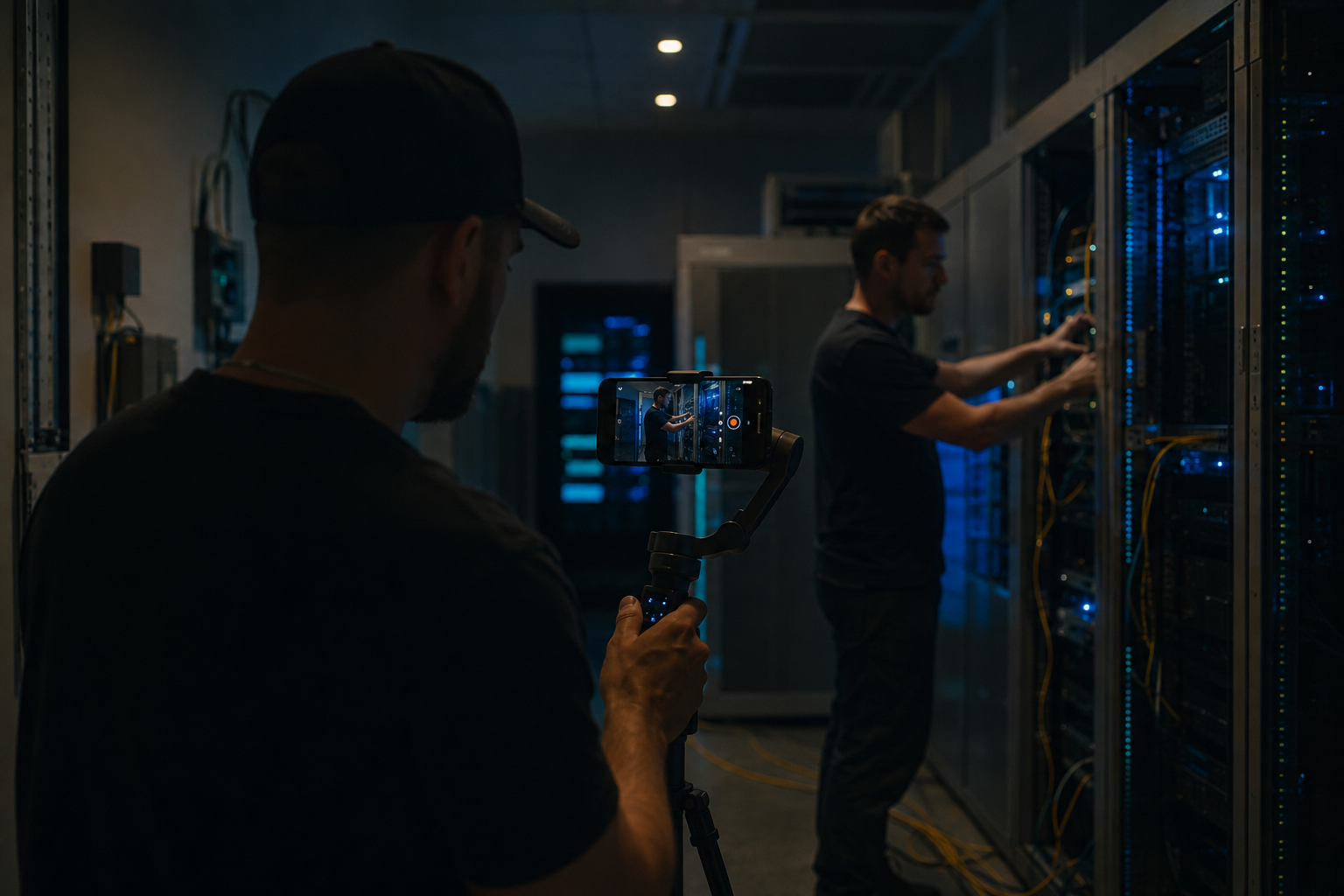 ProTrade Media videographer filming a low-voltage technician working on a server rack